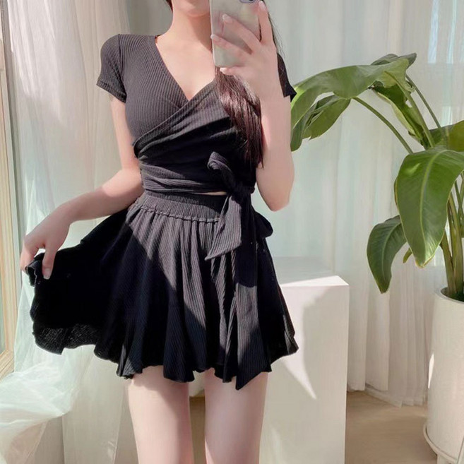 【梨卡】隔日到貨 兩件式泳裝 泳衣 比基尼 裙式泳裝 法式比基尼 學生泳裝 綁帶泳裝 保守泳衣 FC171, 黑色