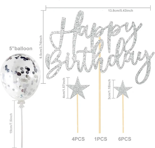 2pcs 슬리버 케이크 장식 색종이 풍선 토퍼 생일 축하 별 컵케익 (실버), 01 2pcs