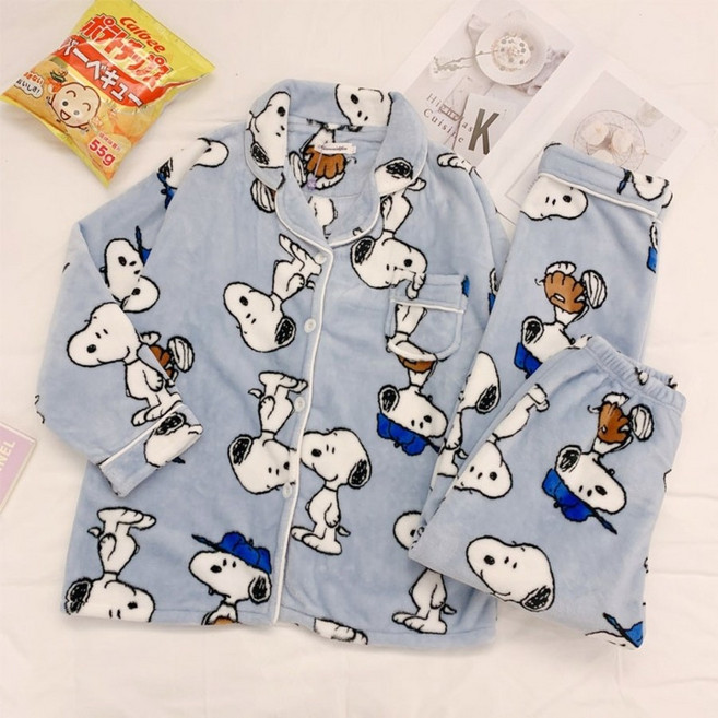 스누피 커플 수면잠옷 극세사 겨울 실내복 세트 파자마 홈웨어 셔츠 바지 snoopy