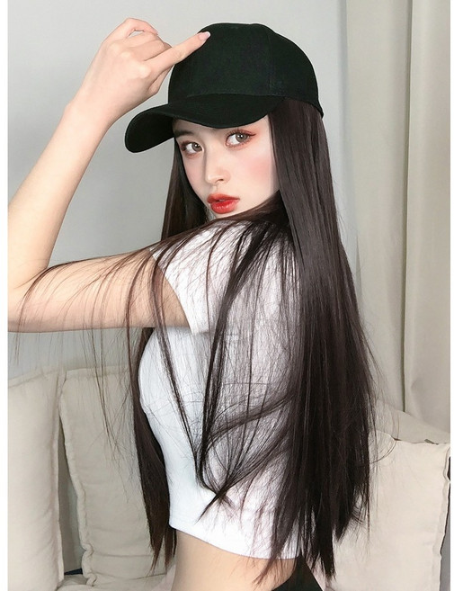 롱 스트레이트 일체형 가발 여자가발 모자가발 긴머리 캡 야구모자 생머리, 1개