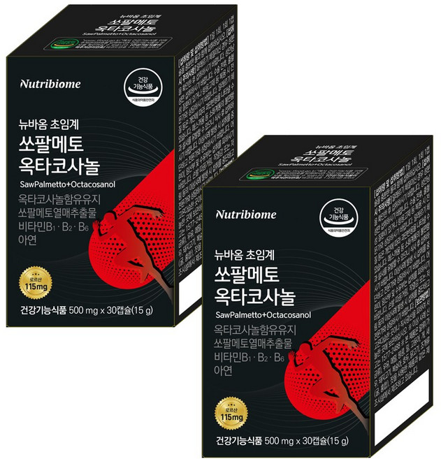 뉴트리바이옴 논스톱 초임계 쏘팔메토115mg + 옥타코사놀 남성영양제 지구력 쏘팔 소팔 전립선 코사놀 영양제 로르산함유 남성활력 식약처인증, 2개, 30정