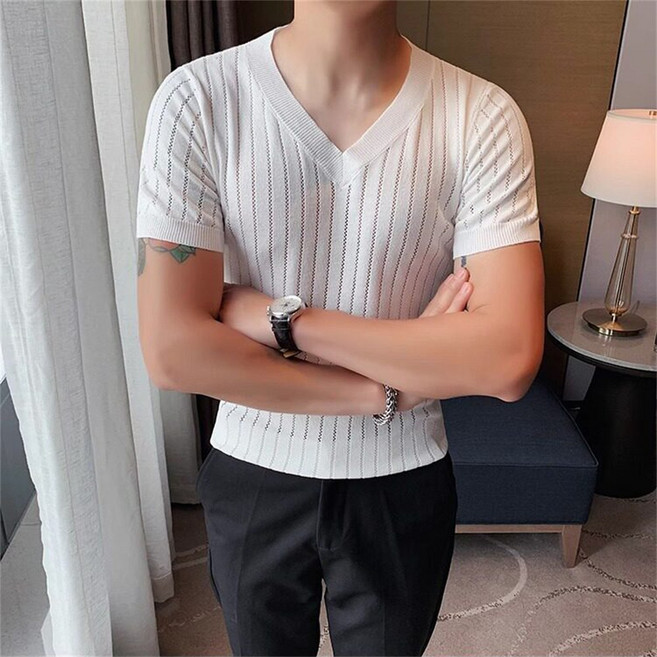 VEZRI 남자 니트 반팔티 여름 쿨 티셔츠 브이넥 슬림 스판 통기성 데일리 골지 AJ92