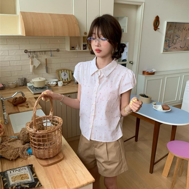小花波點條紋短袖襯衫女夏季減齡設計感襯衣上衣