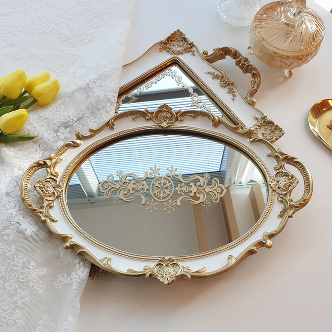 픽홈 라운드 인테리어 화장품 미러 트레이, 골드 + 화이트