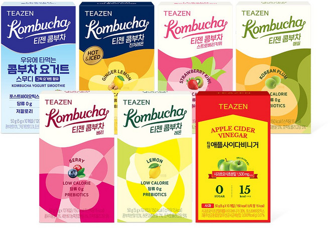 티젠 콤부차 7가지맛 혼합구성 (레몬/베리/매실/스트로베리키위/진저레몬/요거트스무디/애사비 +티젠 상품 중 본품 1개 랜덤 증정), 5g, 7박스, 10개입