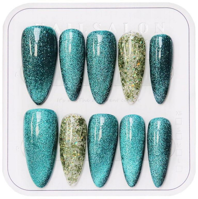 CAMILCY Press on Nails 핸드메이드 네일 럭셔리 재사용 가능한 인조 손톱 여아용 롱 아몬드 아머 캣츠 아이 그린 다이아몬드 핸드 페인팅 살롱 러브풀 디자인 아크, A028