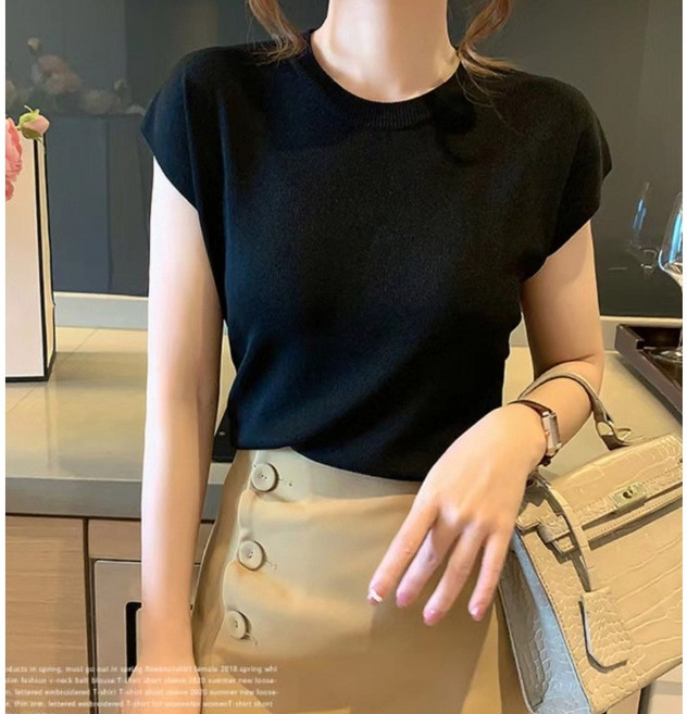 잇템 심플 데일리 봄 여름 가을 여성 레이어드 반팔 니트 베이직 무지 라운드넥 아이스쿨 캡소매 니트티