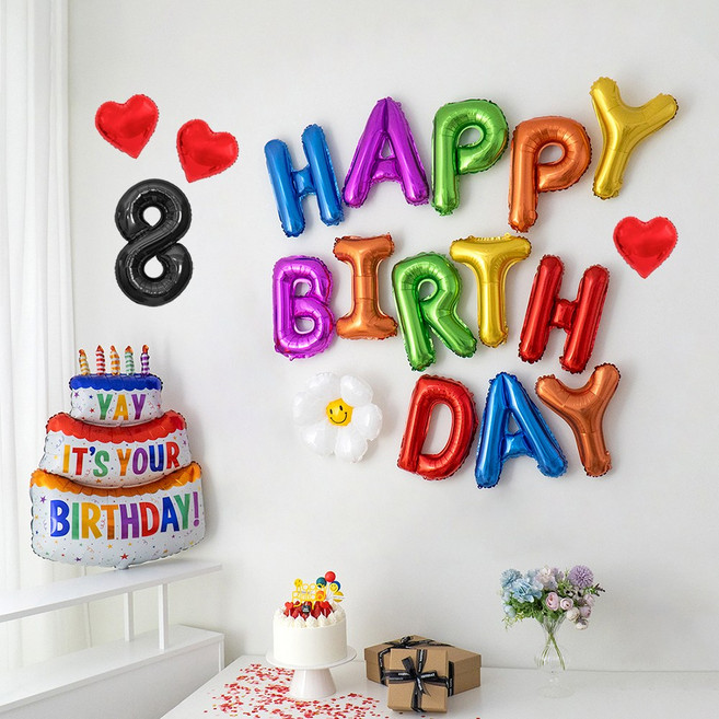 해피제이니 생일이벤트 풍선 레터링 가랜드 레인보우 생일 파티용품 세트, 1세트, 레인보우 숫자8