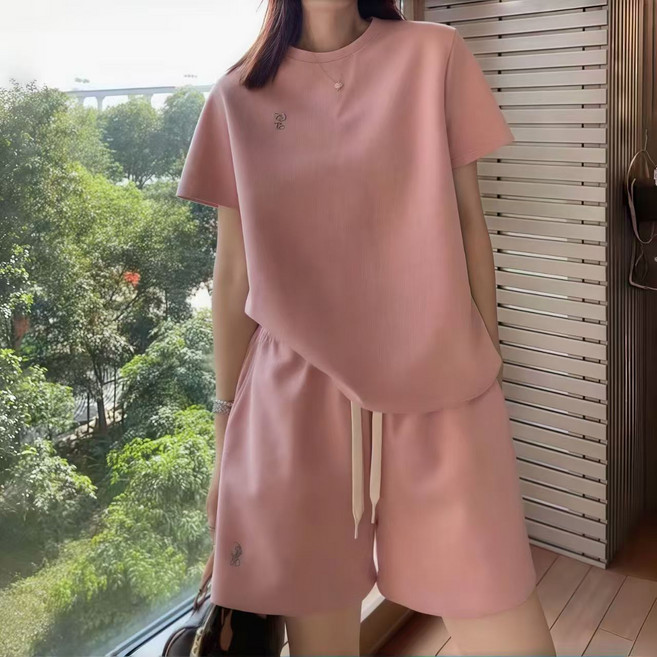 AREVI 여름 여자 트레이닝 세트 순면 루즈핏 레저 반팔 티셔츠 반바지