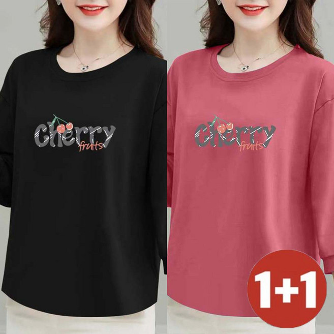 TKX 1+1 여성용 봄 가을 긴팔 면소재 라운드넥 캐주얼 프린트 티셔츠 7부소매 KN53