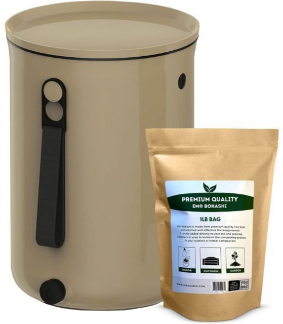 테라갱익스 보카시 퇴비통 + 1파운드 브랜 주방 조리대 사계절 실내 퇴비화 액체 배수 용이 냄새 없음 밀폐 뚜껑 2.5갤런 카푸치노, TeraGanix 1개