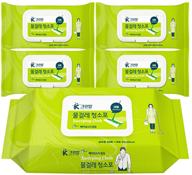 크린업 물걸레청소포 실속 대형 30매x5팩 청소포 일회용 리필형 부직포 청소물티슈, 5개