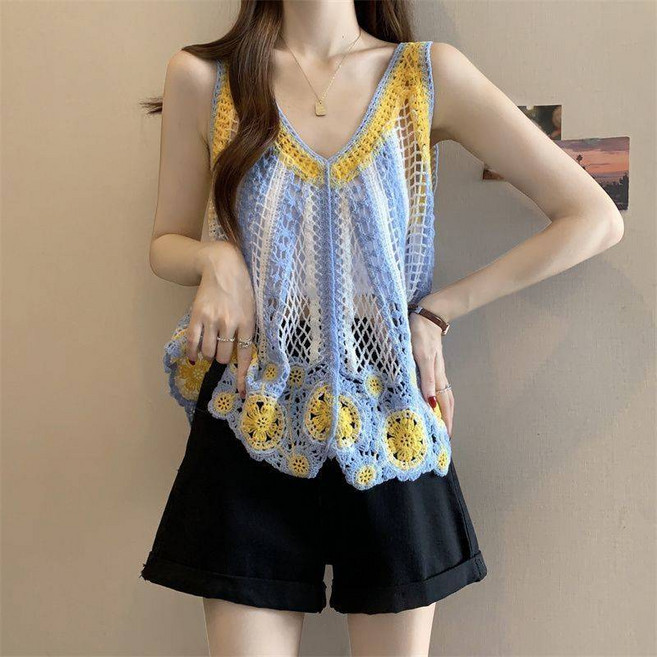여성 펀칭 나시 여름 니트 민소매 탑 CIILLNY