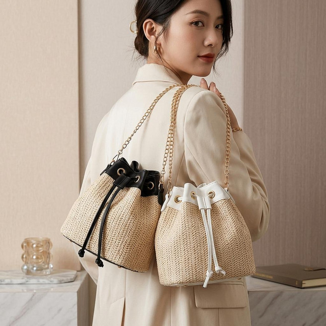 데일리 여성 복조리 여름가방 왕골가방 체인 여름버킷백 미니백 버킷백 여름 가방 미니 체인크로스백