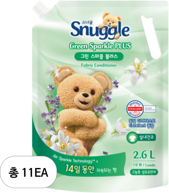 스너글 그린스파클 플러스 섬유유연제 포근향 리필, 2.6L, 11개