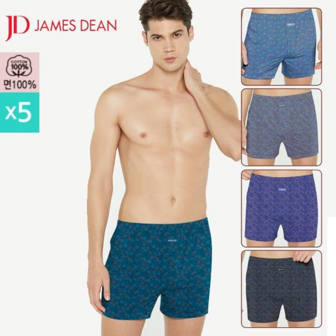 제임스딘 남성 순면 트렁크팬티 5종세트 인밴드 소변구 옆트임 사각팬티