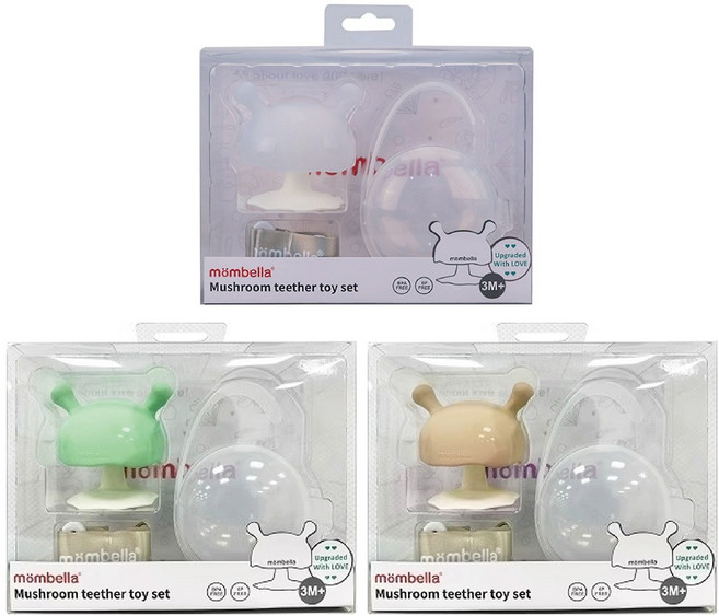 Mombella 啾比小蘑菇固齒器套組 | 多色可選 食品級矽膠 寶寶安心啃咬 舒緩長牙不適, 薄荷牛奶, 1個, 圖檔所示