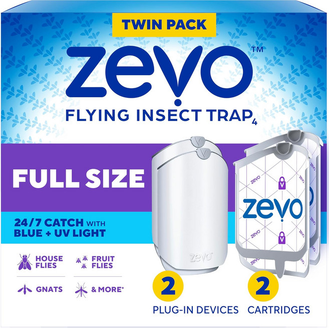 Zevo 플라잉 곤충 트랩 2개와 리필 카트리지 2개 - 파리 및 실내 벌레잡이 플러그인 날벌레 집파리 과일파리 블루 UV 라이트 기술 벌레 재퍼의 잡동사니 없는 대안, 2 Devices &