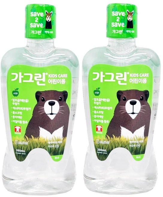 가그린 어린이용 구강세정제 사과향 380ml X 2개 - 쿠팡