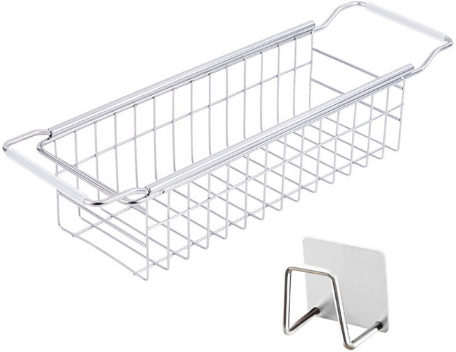 투데이리빙 2종 세트 올스텐 미니 싱크대 식기 건조대 + 수세미 거치대 스텐 길이조절 확장형 물빠짐 슬림 바구니 정리대 그릇 접시 설거지 건조 보관 선반 트레이 받침대, R98519S(실버, 1세트
