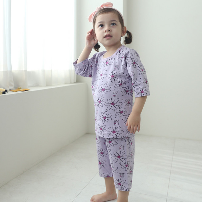 잼베이비 국내생산 7부 수피마 스판 라인꽃 보라 순면100% 여아꽃무늬 7부실내복 도톰 신축성좋은 세상편한 상하세트