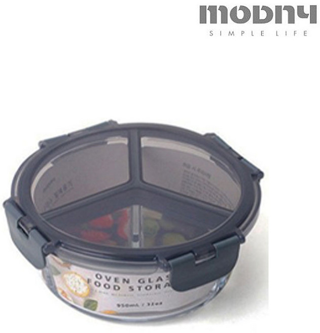 모드니 오븐글라스 밀폐용기 원형 3칸 950ml 유리 김치통 반찬통 찬기 찬통 냉장고, 1개