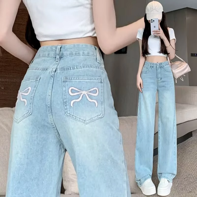 S-6XL 플러스 사이즈 여성 발레 리본 자수 와이드 데님 청바지