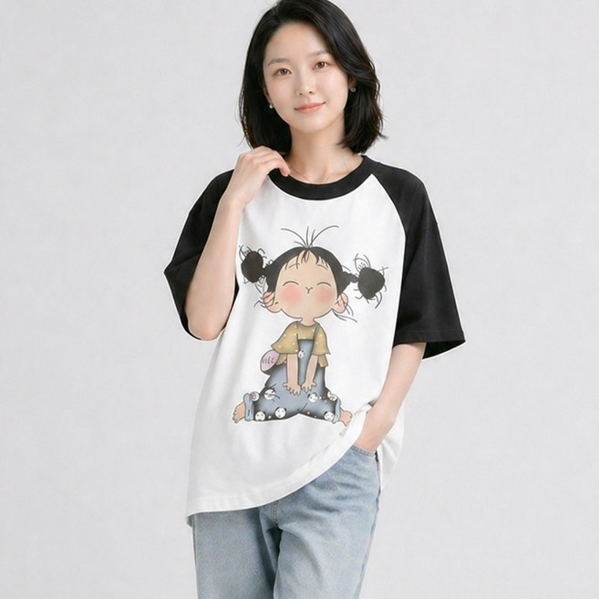여성용 여름 순면 루즈핏 반팔티 귀여운 캐릭터 프린트 중기장 티셔츠 데일리룩