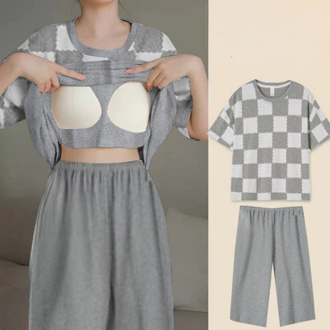 VEZRI 여성 여름 브라패드 반팔 풀오버 빅사이즈 얇은 소재 아웃도어 가능 홈웨어 세트 F88