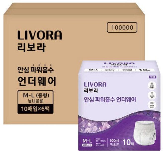 안심 파워흡수 언더웨어 60매(10매X6팩) 중형 팬티형 기저귀, 10