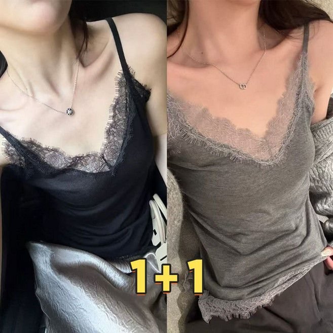 9위 - 1+1 레이어드 가능한 레이스 숏기장 캐미솔 프릴 트림 디자인 여성 이너탑 베이직 데일리 탑