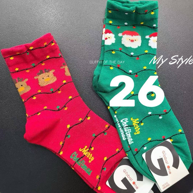 韓國製聖誕襪 聖誕節交換禮物 聖誕老公公雪人聖誕樹中筒襪, 1個, 26. 綠底聖誕老人燈串
