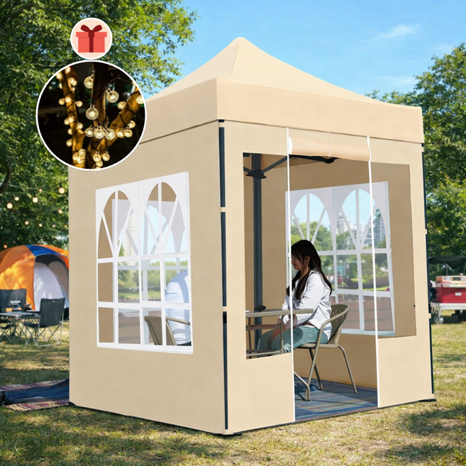 원터치 접이식 몽골텐트 캐노피천막 장박텐트 캠핑 야외 옥상 테라스 행사용 쉘터 차고, 베이지
