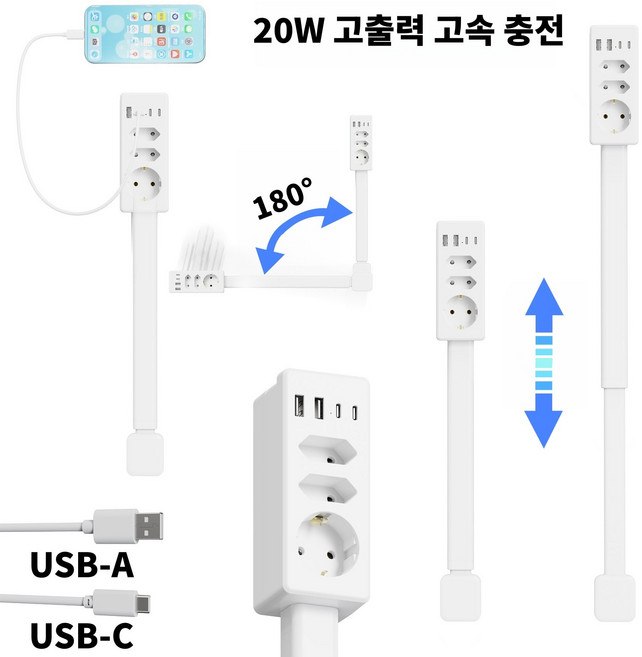 180도 회전 납작 슬림 멀티탭 20W USB 고속충전 가구 쇼파뒤 연장콘센트, 사각형 고속 충전 콘센트, 1개