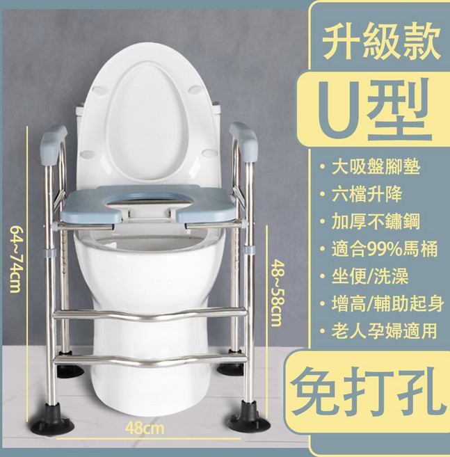 不鏽鋼馬桶扶手，輔助起身安全架，適用長者孕婦, 馬桶增高器, 藍色
