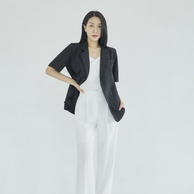고퀄리티 카라넥 V넥 여성 반팔 자켓 마이 점퍼 무지 재킷 [키오]