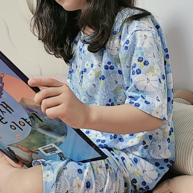 유명한원단 40수 면 자가드 아일렛 싱글 다이마루 원단 플라워 스카이, 스카이(F오이), 1개