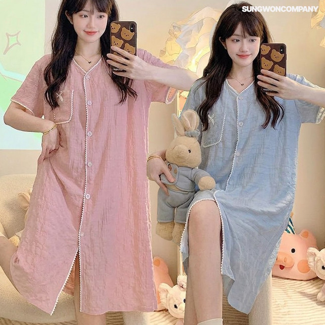 프리수 빅사이즈 브이넥 폼폼 버튼 단추 오픈형 수유 로브 지지미 반팔 가운 원피스 잠옷 홈웨어 파자마 지지미로브원피스