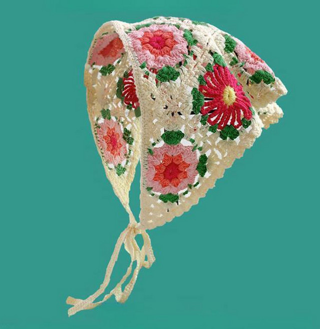 하이유니 레트로 플라워 뜨개 니트 삼각 헤어 스카프