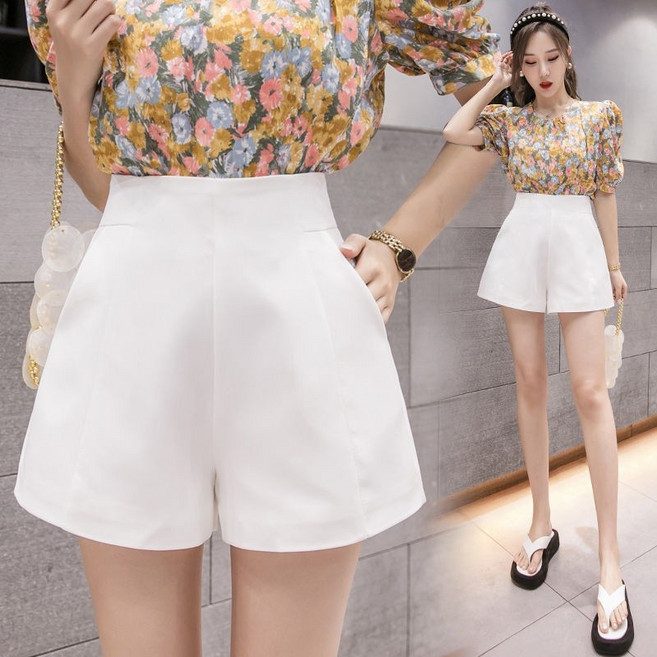 韓版白色短褲女，高腰A字顯瘦寬鬆闊腿外穿西裝短褲
