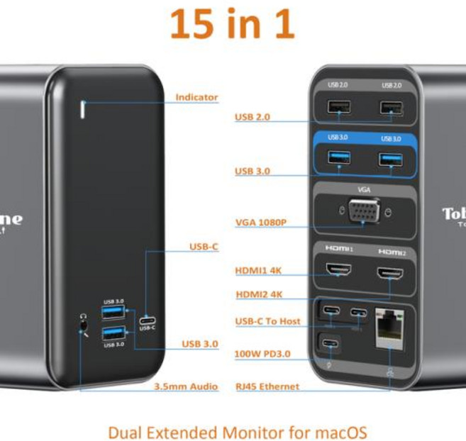 Tobenone USB C to 듀얼 HDMI 허브 4K 도킹 스테이션 맥북 프로 및 에어용 RJ45 USB 3.0 PD 100W 스플리터 허브 포함 13 in 1, 2) UDS09