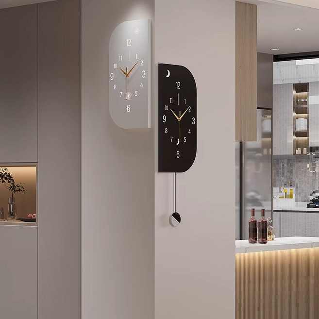 YAPOGI 무소음 모던 심플 양면 벽시계 음성제어등, 흑백, 흑백