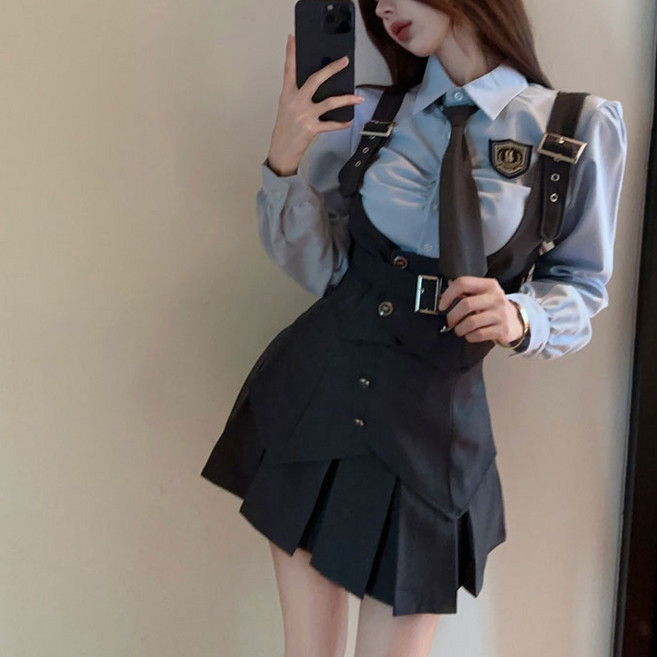 히또리 C0367 셔츠 조끼 스커트 넥타이 코디 세트 스쿨룩 캐주얼 퍼프소매 미니스커트 쓰리피스