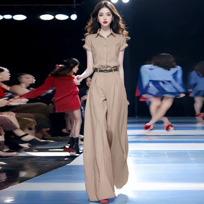 여성용 정장 바지 세트 쿨한 와이드 팬츠 점프수트 캐주얼 스타일 허리 벨트를 추가한 일상복 JS