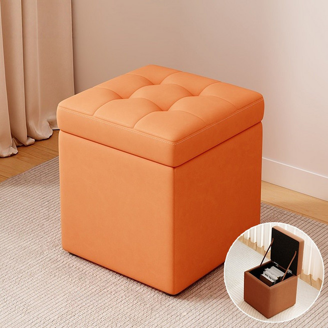 WHH 수납 가죽 스툴 현관 의자, 1개, 오렌지