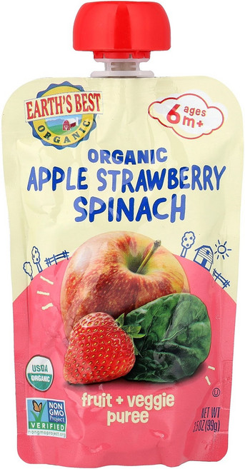 Earth's Best 유기농 과일 + 채소 퓨레 6개월 이상 사과 딸기 시금치 99g(3.5oz) Best (얼스 베스트), Earth's Best, 유기농 과일 + 채소 퓨레,