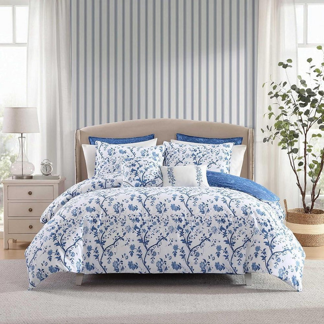 Laura Ashley - 트윈 이불 세트 어울리는 베개 커버 및 보너스 장식 베개가 있는 프리미엄 면 침구 플로럴 홈 데코 Oeko-Tex 인증 로즈 골드, Blue/White