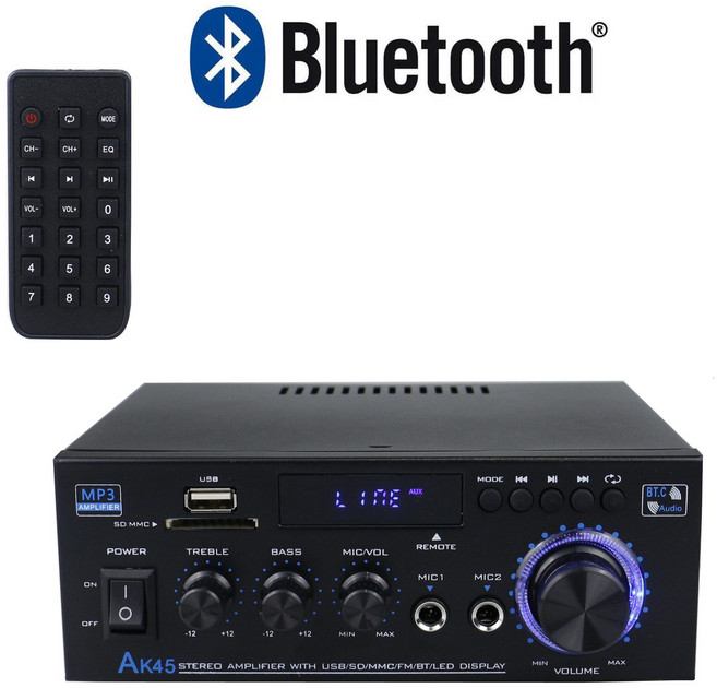 立體聲擴大機 具備USB/SD/MMC/FM/BT/LED顯示, 黑色, AK45