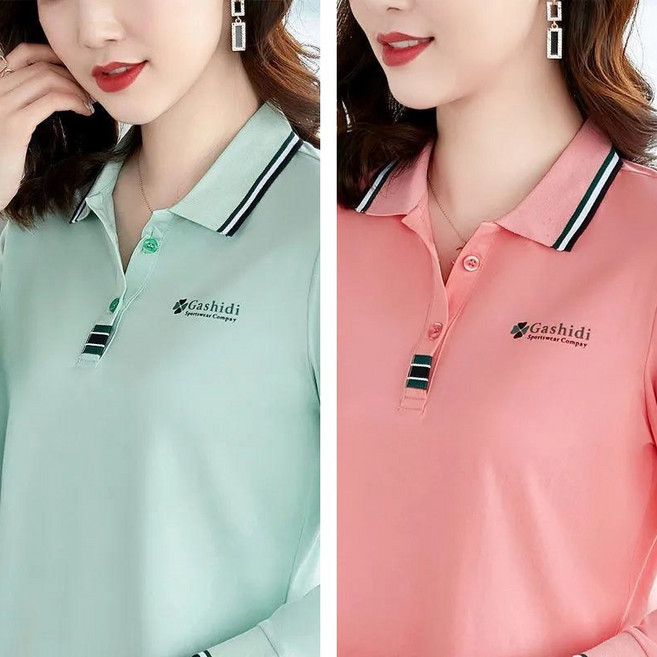 1+1 중년 여성 폴로 골프 긴팔티 봄 가을 골프웨어 캐주얼 슬림핏 이너 상의 카라 긴팔 티셔츠 루즈핏 데일리 폴로셔츠 엄마옷 2장세트 빅사이즈
