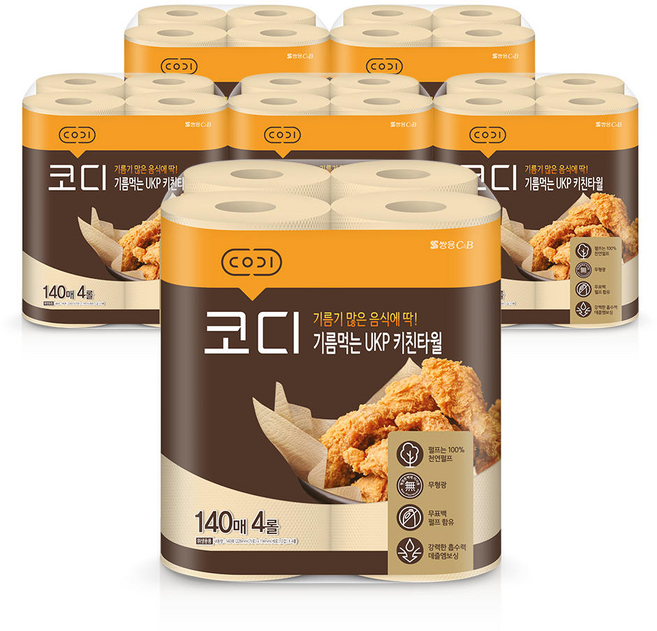 코디 기름먹는 UKP 3겹 키친타월 140매 4롤 6개